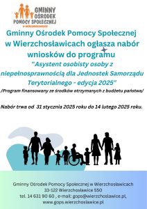 plakat informujący o naborze do programu asystent osoboisyu osoby niepełnosprawnej z grafiką czarnych konturów ludzi trzymających się za ręce