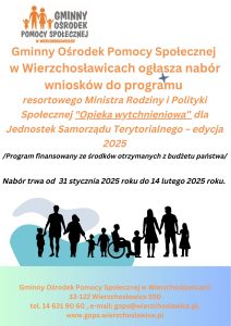 plakat informujący o naborze do programu Opieka wytchnieniowa z grafiką czarnych konturów postaci trzymających się za ręce