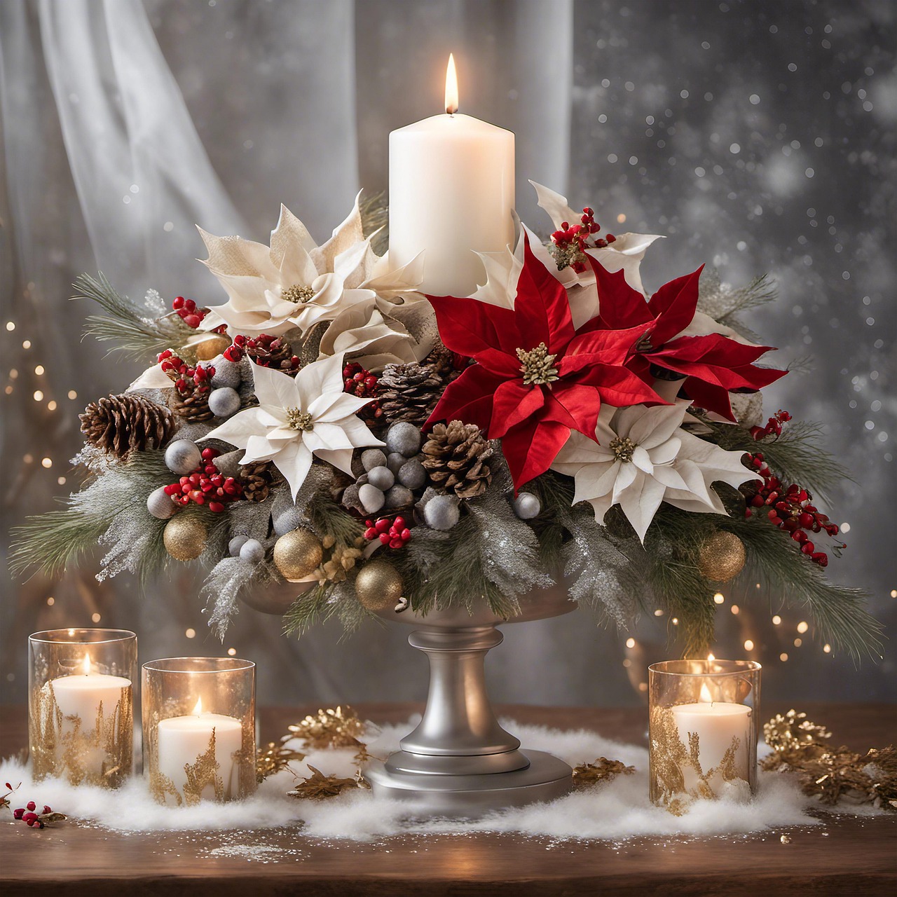 stroik Bożonarodzeniowy z zapaloną świecą