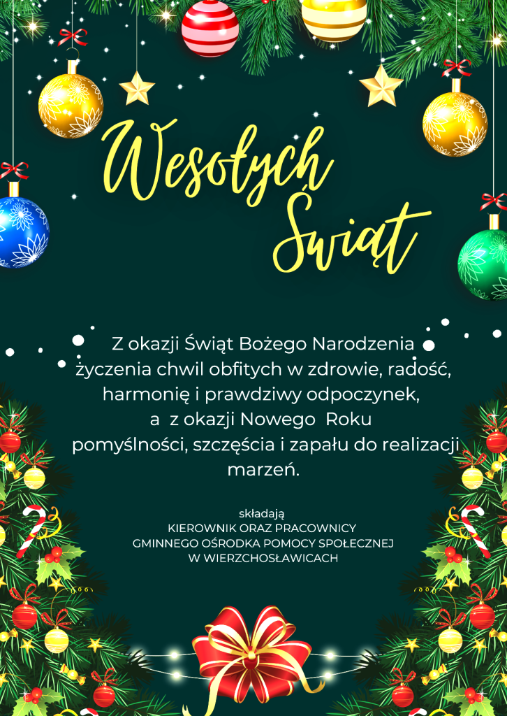 Życzenia świąteczne i noworoczne na zielonym tle z choinkami