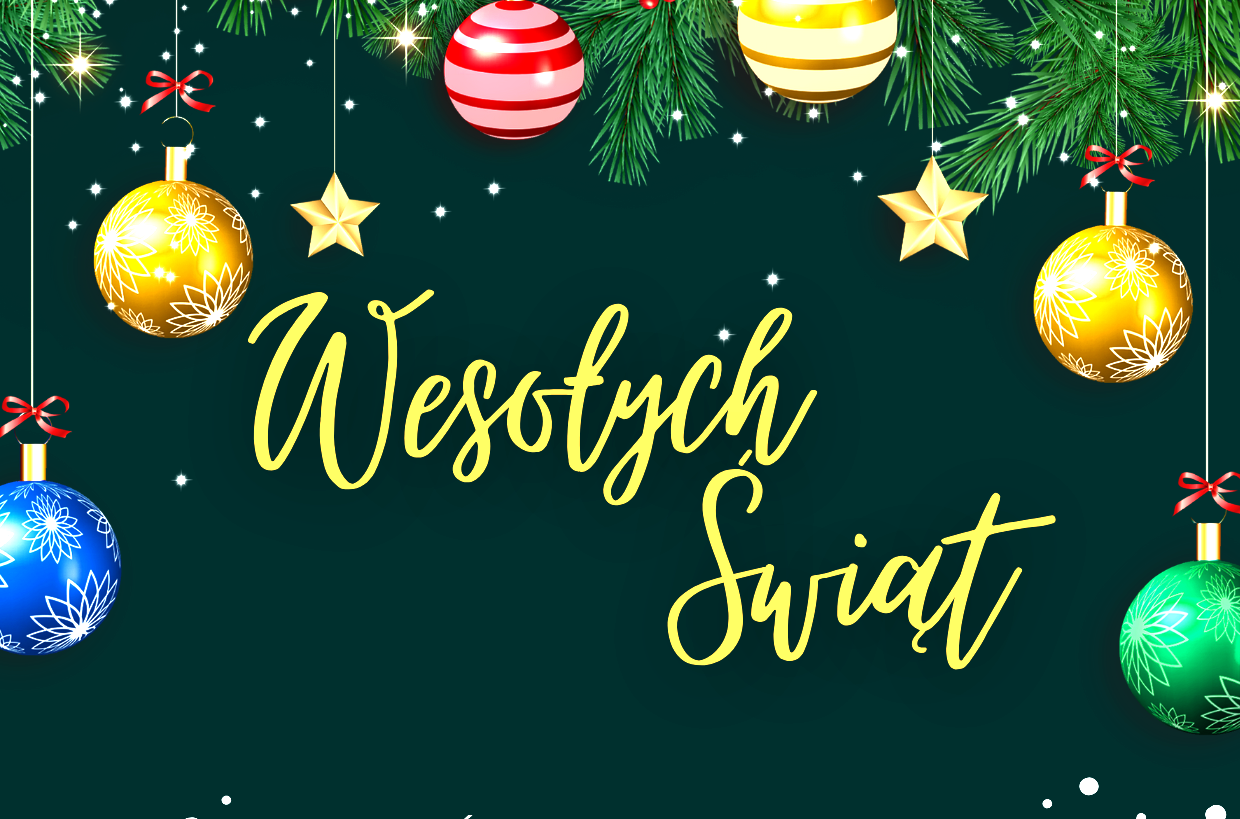 Napis Wesołych świąt na zielonym tle z bombkami