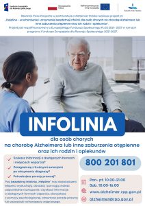 Plakat promujący bezpłatną infolinie 800 201 801 dla osób chorych na chorobę alzheimera i ich opiekunów ze zdjęciem starszej osoby i opiekuna