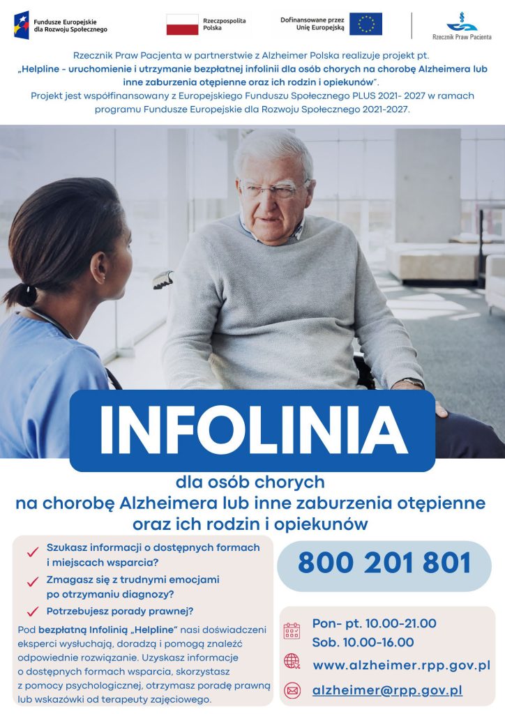 Plakat promujący bezpłatną infolinie 800 201 801 dla osób chorych na chorobę alzheimera i ich opiekunów ze zdjęciem starszej osoby i opiekuna