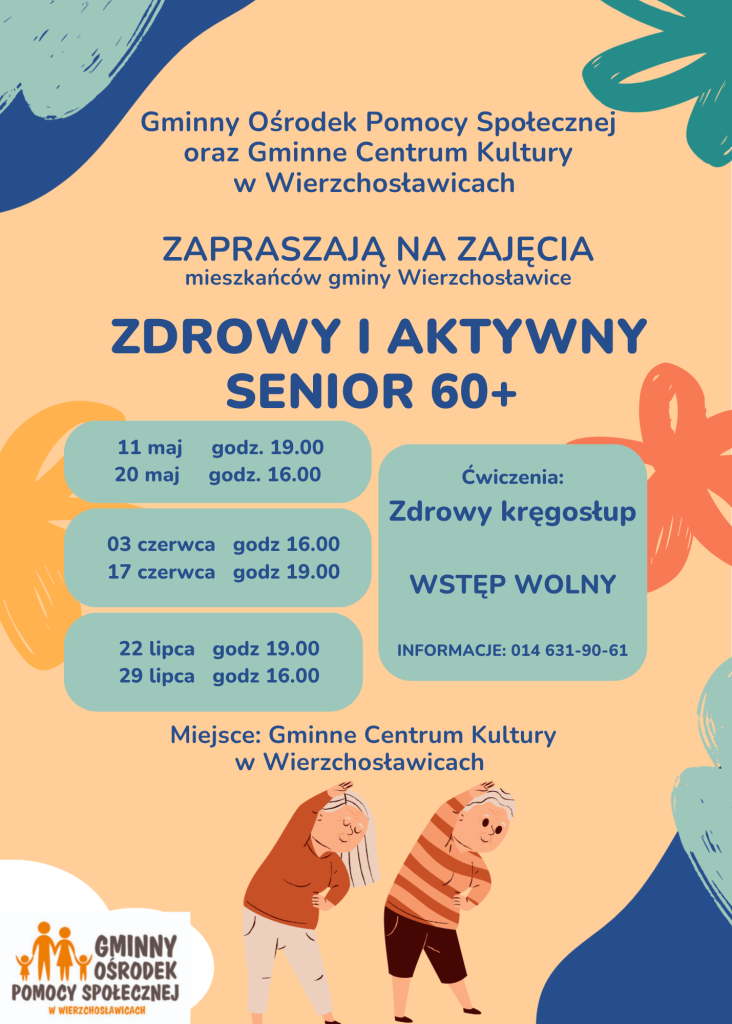 Plakat z zaproszeniem na zajęcia dla seniorów z rysunkiem dwóch ćwiczących  osób i harmonogramem zajęć