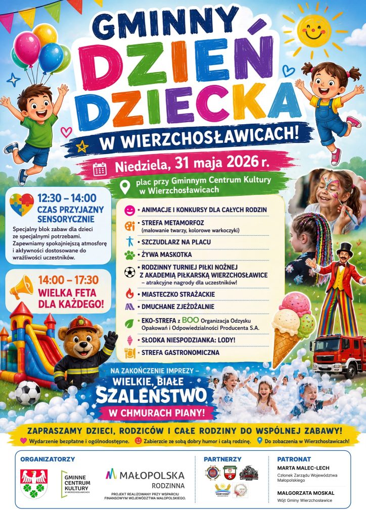 Plakat informujący o Gminnym Dniu Dziecka w dniu 31 maj 2026r z informacją o czasie przyjaznym sensorycznie dla dzieci ze szczególnymi potrzebami od godziny 12:30 do 14:00