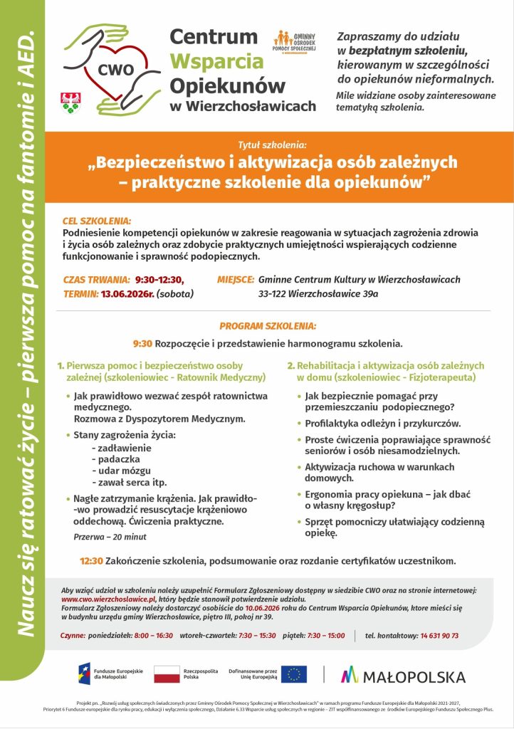 Plakat informujący o szkoleniu "Bezpieczeństwo i aktywizacja osób zależnych- praktyczne szkolenie dla opiekunów" organizowane przez Centrum wsparcia Opiekunów w Wierzchosławicach w dniu 13.06.2026
