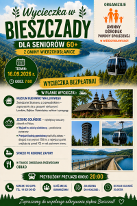 Plakat informujący o wycieczce mw Bieszczady dla Seniów60+
