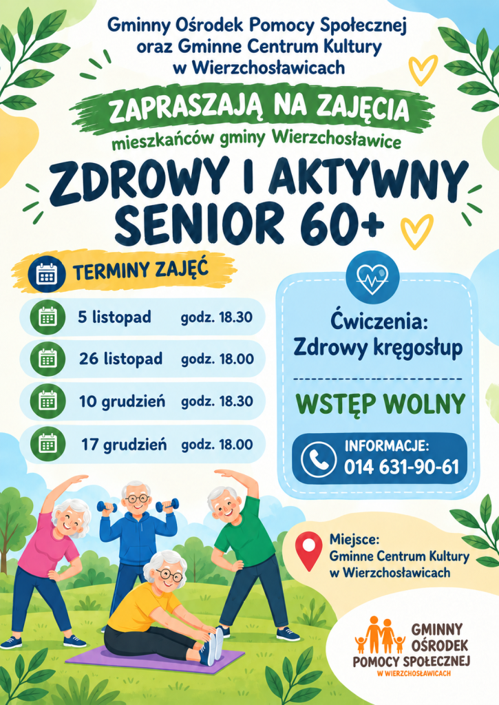 plakat informujący o terminach ćwiczeń Zdrowy kręgosłup dla seniorów